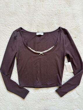 Altar'd State Chocolate Brown Long Sleeve Scoop Top with Cream Lace